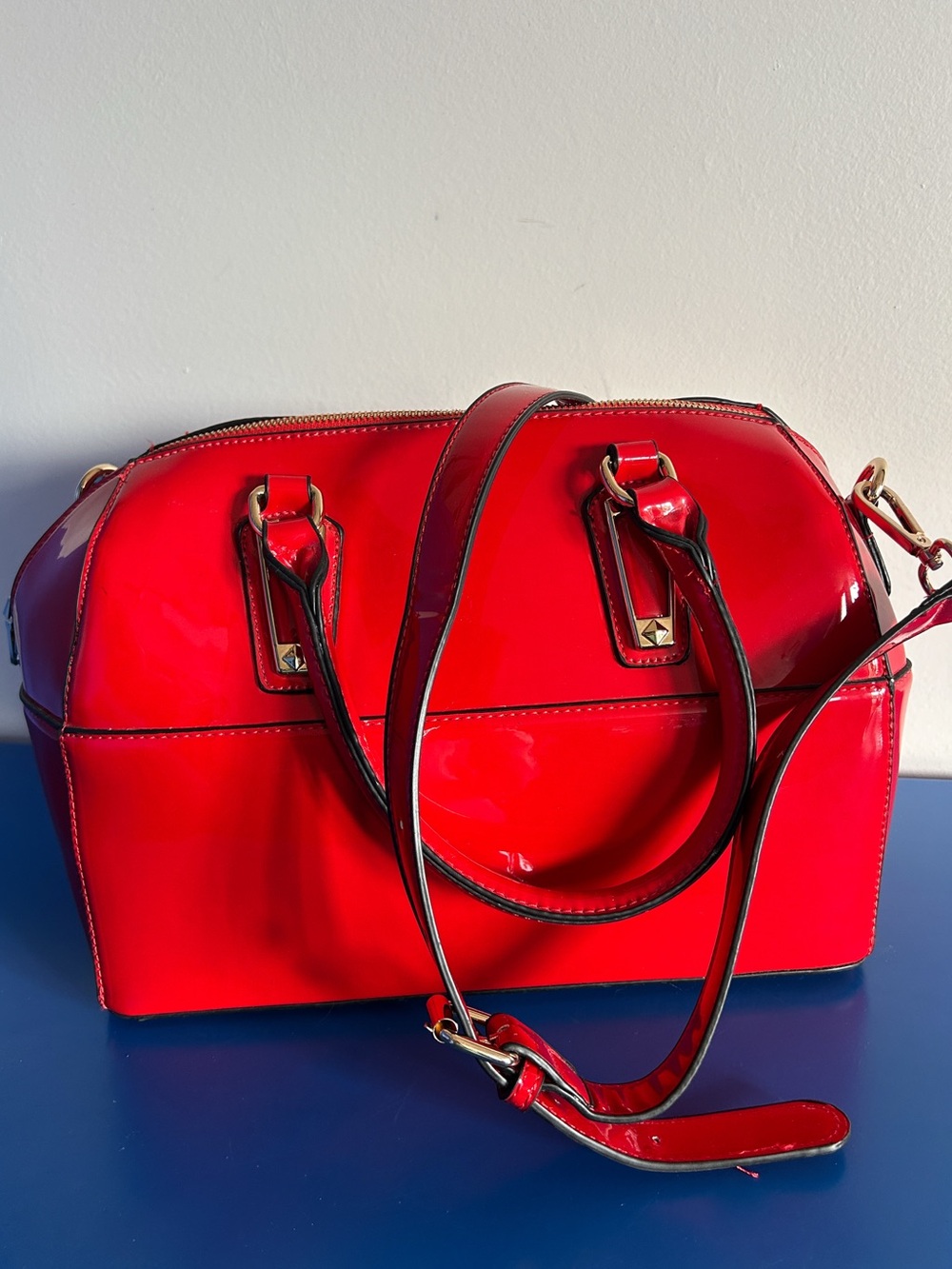Vegan Red Patent Dome Satchel Handbag - Women Bags